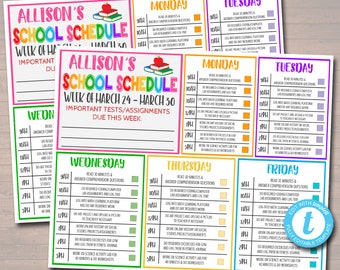 Puede incluir: Un horario escolar imprimible colorido para la semana del 24 de marzo al 30 de marzo. El horario incluye actividades diarias como leer, responder preguntas de comprensión, codificar, iniciar sesión en plataformas de aprendizaje de matemáticas y trabajar en actividades científicas. El horario está diseñado para una estudiante llamada Allison.
