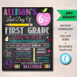 EDITABLE Last Day of School Photo Prop, Back to School Chalkboard Poster, Personalized School Chalkboard Sign, Any Grade Sign School Phto