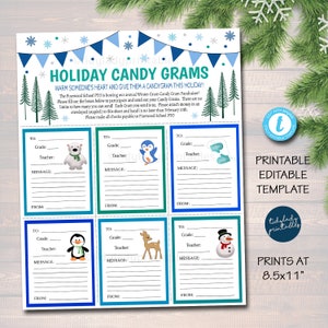 May include: A printable Holiday Candy Gram template with a winter theme. The design features a blue and green colour scheme, snowflakes, and illustrations of a polar bear, penguin, and snowman. The text reads "Holiday Candy Grams".