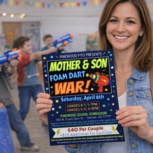 Mother Son Foam Dart War Flyer: Editable School Game Night (Instant Download)