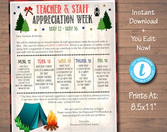 EDITABLE Camp Themed Teacher Appreciation Week Take Home Newsletter, Outdoor Wilderness Appreciation Events, INSTANT DOWNLOAD Printable