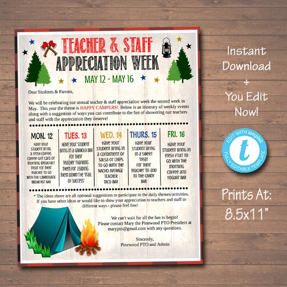 EDITABLE Camp Themed Teacher Appreciation Week Take Home Newsletter, Outdoor Wilderness Appreciation Events, INSTANT DOWNLOAD Printable Il_570xn