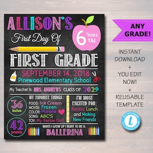 Back to School Sign, First Day of School Chalkboard Poster Personalized School Chalkboard Sign, Any Grade Sign, 1st Day of School, Editable