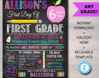 First Day Of School Sign, Back to School Chalkboard Poster, Personalized School Chalkboard Sign, Any Grade Sign 1st Day of School