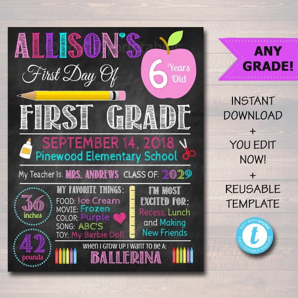 First Day Of School Sign, Back to School Chalkboard Poster, Personalized School Chalkboard Sign, Any Grade Sign 1st Day of School