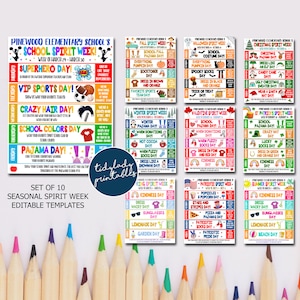 May include: Set of 10 printable posters for seasonal school spirit week. Each poster features a different theme, such as superhero day, pajama day, and crazy hair day. The posters are colorful and feature fun illustrations.