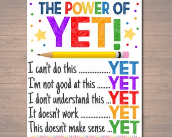 The Power of Yet Printable Poster, Growth Mindset, INSTANT DOWNLOAD, Motivational Wall Art, School Office Classroom Teacher Decoration Art