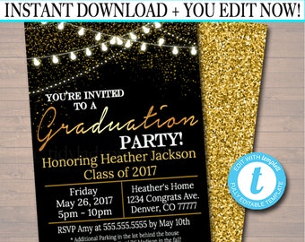 May include: A black and gold graduation party invitation with a gold glitter background. The text reads "You're invited to a Graduation Party! Honoring Heather Jackson Class of 2017". The invitation includes the date, time, location, and RSVP information.
