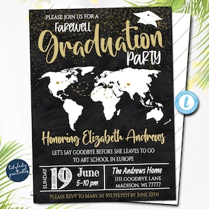 Könnte beinhalten: Schwarze und goldene Einladung zur Abschlussparty mit einer Weltkarte und dem Text "Farewell Graduation Party" und "Honoring Elizabeth Andrews". Die Einladung enthält Datum, Uhrzeit und Ort der Party.