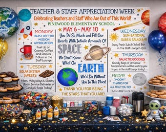 Space Theme Teacher Appreciation Week Itinerary Poster, Employee Staff Out of this World Theme Printable (Editable, Digital Download)