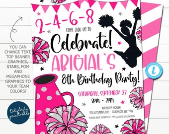 May include: Pink and white printable invitation for an 8th birthday party. The invitation features a cheerleader silhouette, pom-poms, and a megaphone. The text reads "Come join us to celebrate! Abigial's 8th Birthday Party!"  Saturday, September 27, 2PM - 7PM. Allison's House, 1111 Autumn Lane - Madison, WI 77777. Please RSVP to Mary at 555.555.5555 by June 10th.
