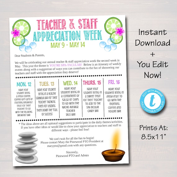 EDITABLE Spa Themed Teacher Appreciation Week Take Home Newsletter