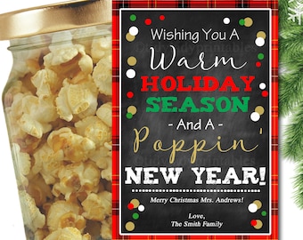 Christmas Popcorn Gift Tags, Secret Santa Office Staff Teacher Gift, Popcorn Tin Holiday Printable, White Elephant INSTANT DOWNLOAD Editable