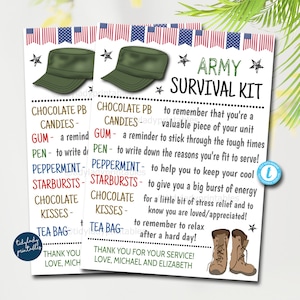 Étiquettes de kit de survie de l'armée, cadeau unique de carte-cadeau, soldat anniversaire bonne chance Boot Camp déploiement souvenir imprimable, modèle modifiable bricolage