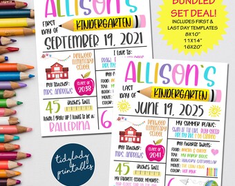 May include: Two colorful kindergarten milestone printable signs with the name "Allison's" in pink and blue. One sign is dated September 19, 2021, and the other June 19, 2025. Both signs include a pencil graphic and the text "45 inches tall".