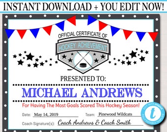 Editable Hockey Award Certificates: Team Party Printable (Instant Download)