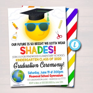 Invitación de graduación de jardín de infantes, invitación a la ceremonia de graduación de preescolar preescolar, el futuro es tan brillante que tenemos que usar sombras PLANTILLA EDITABLE