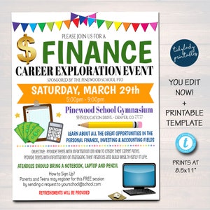 EDITABLE Family Finance Night Flyer, School PTA PTO Flyer, Community Church Fundraiser, Math Investing Educational Event Poster, Printable