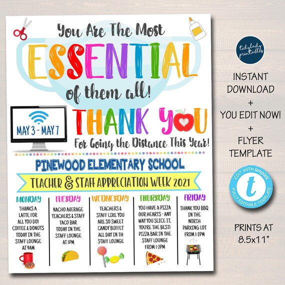 Teacher Appreciation Week 2022 Flyer, Most Essential of Them All Itinerary, School Pto Pta Staff Thank You Weekly Calendar EDITABLE TEMPLATE - Etsy Teacher Appreciation Week 2022 Flyer, Most Essential of Them All Itinerary, School Pto Pta Staff Thank You Weekly Calendar EDITABLE TEMPLATE - Etsy