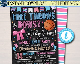 Basketball Gender Reveal Invitation: Free Throws or Bows (EDITABLE TEMPLATE)