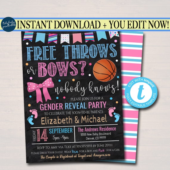 Free Throws or Bows Gender Reveal Invitation, Team Blue or Team Pink