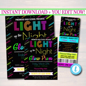 EDITIERBARE Prom Ticket / Invite Flyer Set School Dance Digital Invite, Neon Glow in The Dark, High School Dance Event, pto, pta INSTANT DOWNLOAD