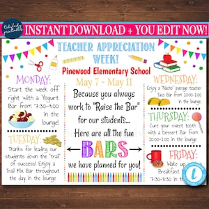 EDITABLE Teacher Appreciation Week Itinerary Poster, Digital File, Appreciation Week Schedule Events, INSTANT DOWNLOAD Fundraiser Printables