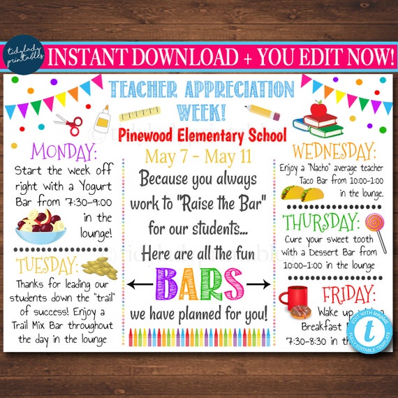 EDITABLE Teacher Appreciation Week Itinerary Poster, Digital File