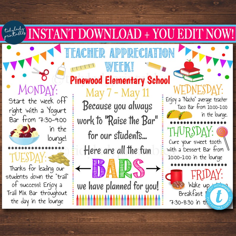 EDITABLE Teacher Appreciation Week Itinerary Poster Digital Etsy