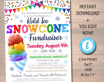 EDITABLE Snowcone Fundraiser Flyer, Printable Appreciation Week, Ice Cream Party Invite, Summer Church Community pta pto, INSTANT DOWNLOAD