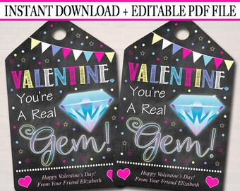 May include: Two printable Valentine's Day gift tags with a chalkboard background. The tags feature a colorful diamond and the text "VALENTINE. You're A Real Gem!" with a pink heart and the text "Happy Valentine's Day! From Your Friend Elizabeth".