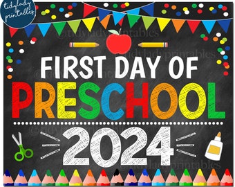 First Day of Preschool 2024, Printable Back to School Chalkboard Sign, Primary Colors Boy Banner Confetti Digital Instant Download