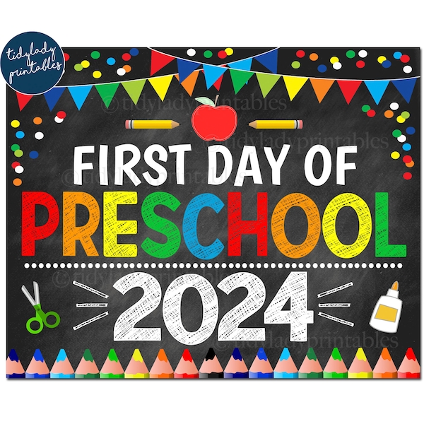 First Day of Preschool 2024, Printable Back to School Chalkboard Sign, Primary Colors Boy Banner Confetti Digital Instant Download