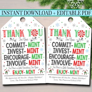 Étiquettes de menthe de Noël, étiquettes de remerciement, étiquettes de bénévolat, imprimables, INSTANT + EDITABLE, cadeau de vacances de Noël, appréciation du cadeau du personnel de la PTA