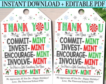 Christmas Mint Tags, Thank You Tags, Volunteer Labels, Printable, INSTANT + EDITABLE, Christmas Holiday Gift, PTA Staff Gift Appreciation