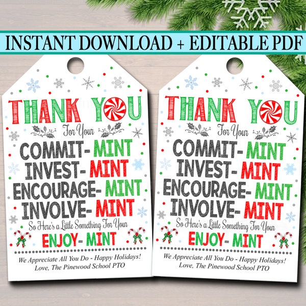 Christmas Mint Tags, Thank You Tags, Volunteer Labels, Printable, INSTANT + EDITABLE, Christmas Holiday Gift, PTA Staff Gift Appreciation