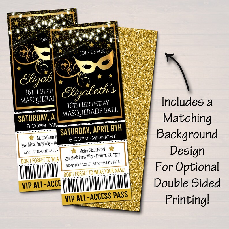 EDITABLE Masquerade Ball Ticket Invitation Birthday Party Etsy