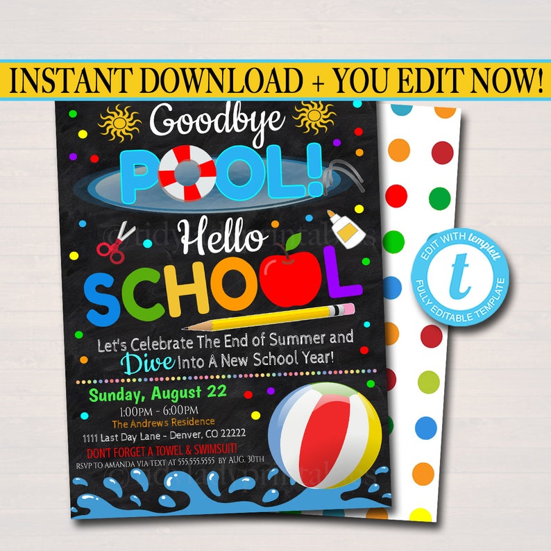 EDITABLE End of Summer Pool Party Invitation, Printable Digital Invite, Goodbye Pooll Hello School Party, Backyard bbq Invite, Splish Splash image 1