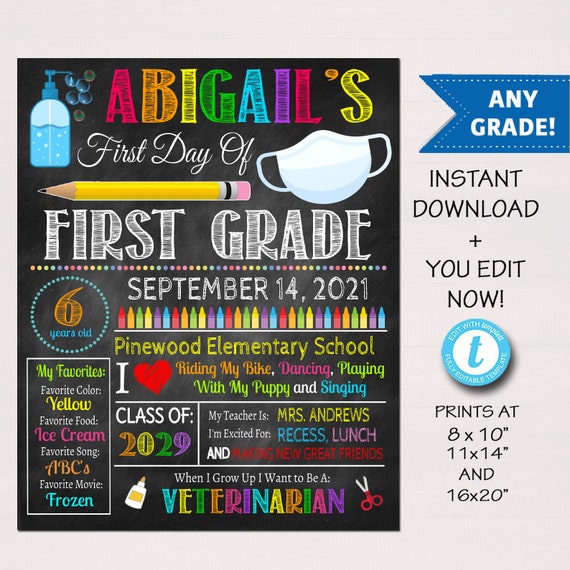 Face Mask First Day Of School Sign, Back To School 2021 Chalkboard Poster Any Grade Gender, First Day of School Photo Prop EDITABLE TEMPLATE Il_570xn