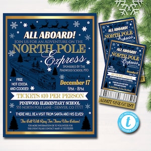 Evento EDITÁVEL de trem Polar Express do Pólo Norte com folheto do Papai Noel e convite para ingresso, festa de Natal infantil, feriado escolar da igreja para impressão
