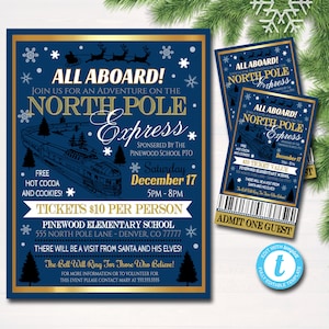 EDITABLE North Pole Polar Express Train Event with Santa Flyer & Ticket Invitation, Kids Christmas Party, Printable School Church Holiday image 1