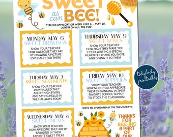 Puede incluir: Un gráfico imprimible con un tema de abejas para la semana de apreciación del profesor. El gráfico tiene un esquema de color amarillo y azul e incluye una ilustración de colmena. El texto en el gráfico dice "Sweet as can Bee!" y enumera actividades diarias para cada día de la semana, como "Sweet Drawings", "Sweet Sentiments" y "Sweet Treats".