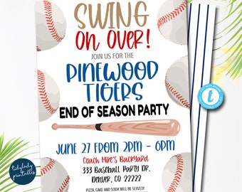 May include: Baseball-themed party invitation with a blue and white striped background. The invitation says "Swing on Over!" and "Pinewood Tigers End of Season Party". The date and time of the party are June 27 from 2 PM to 6 PM. The location is Coach Mike's Backyard, 333 Baseball Party Dr., Denver, CO 22222. The invitation also says "Pizza, cake and soda will be served!" and "RSVP: Amanda at 555.555.5555 by August 1."