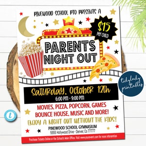 Parents Night Out Flyer, Movie Night Flyer, Printable School Pto Pta Family Fundraiser Event, Community Church Parents Date Night, EDITABLE