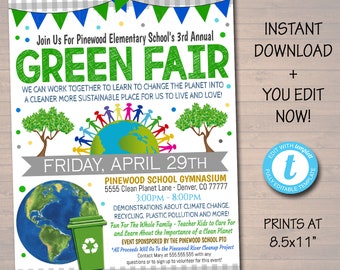 Pode incluir: Panfleto do Green Fair com uma Terra verde, azul e amarela cercada por pessoas de mãos dadas. O panfleto anuncia um evento escolar na sexta-feira, 29 de abril, no ginásio da escola Pinewood em Denver, Colorado. O evento incluirá demonstrações sobre mudanças climáticas, reciclagem e poluição plástica. O panfleto também indica que o evento é patrocinado pela PTO da escola Pinewood e que todos os lucros serão destinados ao projeto de limpeza do rio Pinewood.