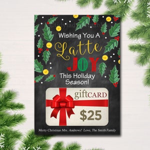 Titolare della carta regalo caffè di Natale, augurandoti un Latte Joy Holiday stampabile calza calza, regali per il personale insegnante DOWNLOAD immediato modificabile