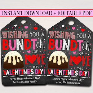 Valentine's Day Bundt Cake Gift Tags, Staff Teacher Volunteer Appreciation, Bakery Gift Tag, Wishing You Bundtch of Love, INSTANT DOWNLOAD