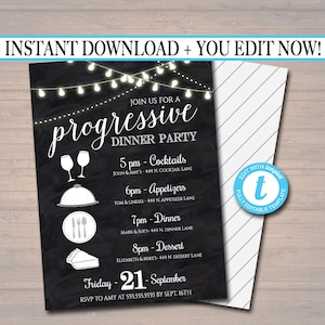 Editable Progressive Dinner Party Invitation, Neighborhood Potluck Party Invite, Chalkboard Printable, House Round Robin, INSTANT DOWNLOAD