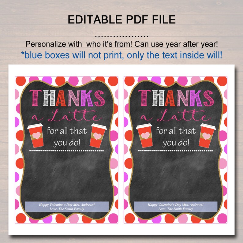 EDITABLE Coffee Card Holder, Thanks a Latte Valentine Gift Card Holder ...