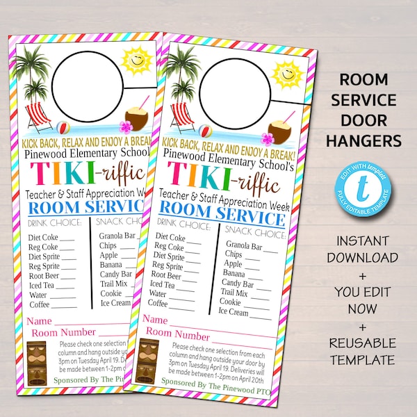 Beach Theme Room Service Door Hanger, Teacher Staff Appreciation Week, Mahalo Tropical Hawaiian Printable Thank You, School Pto Pta EDITABLE